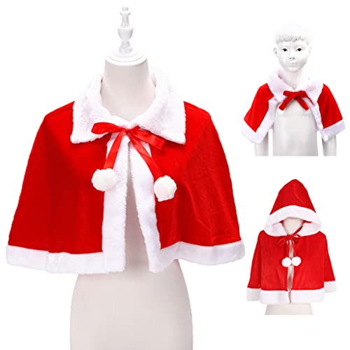 SHINAN Kid Adult Velvet Christmas Santa Cape Costume Miss Santa Fur Collar Short Cloak Shawl with Xmas Hat Hooded Shawl Santa Claus Cloak