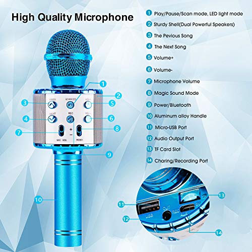 ShinePick Microfono Inalámbrico Karaoke, Micrófono Karaoke Bluetooth Portátil con Altavoz y LED para Niños Canta Partido Musica, Compatible con Android/iOS PC, AUX o Teléfono Inteligente (Azul)