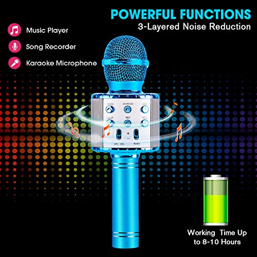 ShinePick Microfono Inalámbrico Karaoke, Micrófono Karaoke Bluetooth Portátil con Altavoz y LED para Niños Canta Partido Musica, Compatible con Android/iOS PC, AUX o Teléfono Inteligente (Azul)