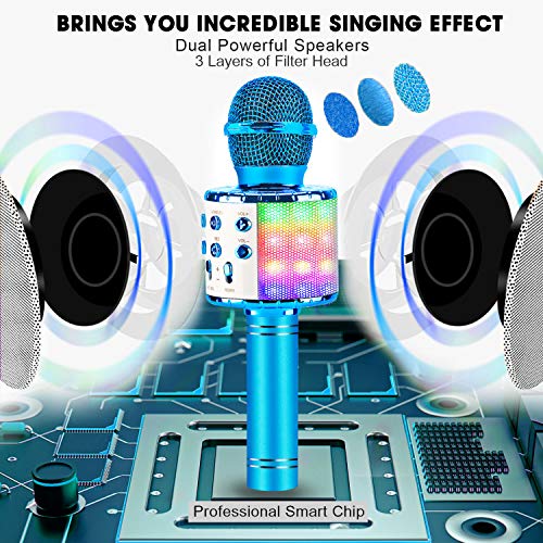 ShinePick Microfono Inalámbrico Karaoke, Micrófono Karaoke Bluetooth Portátil con Altavoz y LED para Niños Canta Partido Musica, Compatible con Android/iOS PC, AUX o Teléfono Inteligente (Azul)