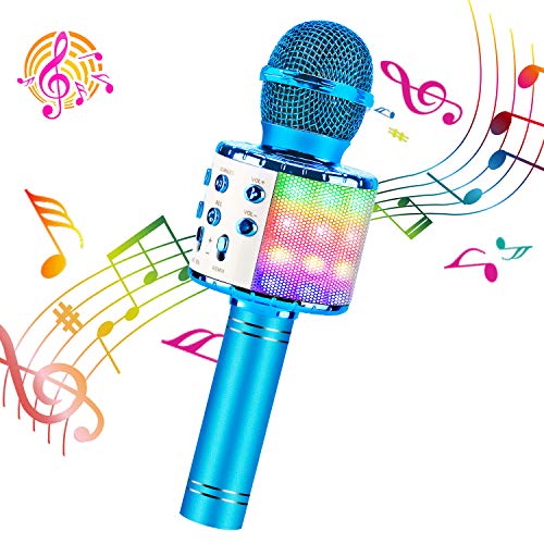 ShinePick Microfono Inalámbrico Karaoke, Micrófono Karaoke Bluetooth Portátil con Altavoz y LED para Niños Canta Partido Musica, Compatible con Android/iOS PC, AUX o Teléfono Inteligente (Azul)