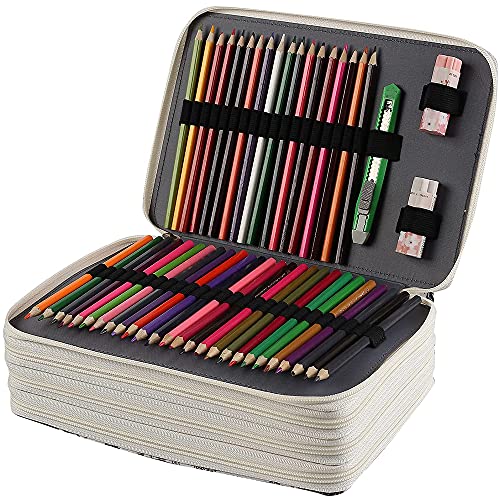 Shulaner Estuche 200 ranuras la caja de lapices - Patrón de elemento de estilo retro organizador con 4 compartimentos, PVC impermeable de gran capacidad caja lapices - Gris