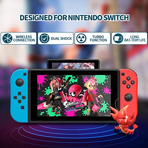 Singland JoyCon Controller para Nintendo Switch, reemplazo inalámbrico Joycon para N-Switch, mando a distancia izquierda/derecha con correas de muñeca función de despertador (rojo y azul)