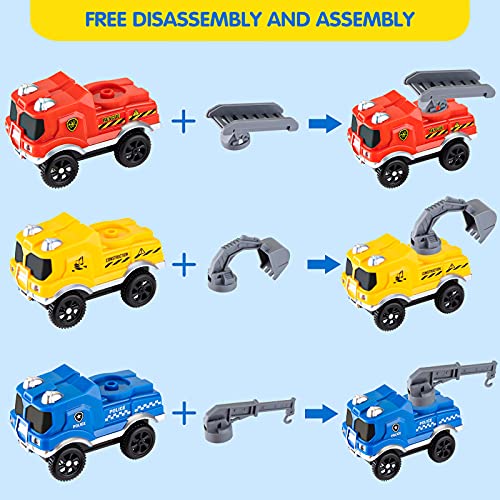 Sirecal Coches de Juguetes para Niños Pequeños - Sirecal 3Pcs Set de Camiones con Luz LED Vehículo de Construcción, Coche de Policía, Camión de Bomberos para Regalo de Niños