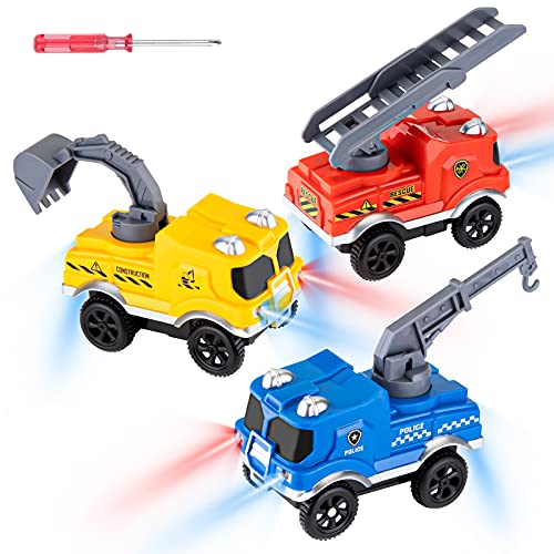 Sirecal Coches de Juguetes para Niños Pequeños - Sirecal 3Pcs Set de Camiones con Luz LED Vehículo de Construcción, Coche de Policía, Camión de Bomberos para Regalo de Niños