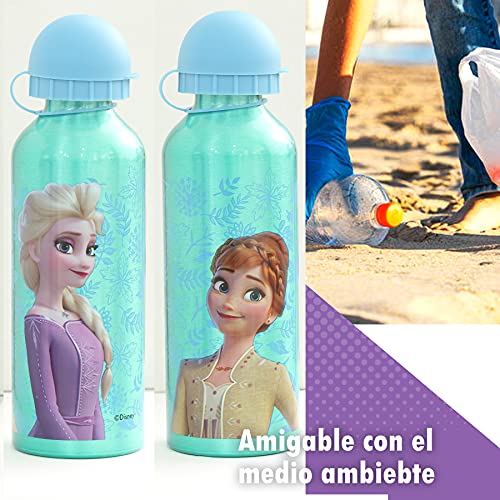 SKYLINE Cantimplora Infantil 500 ML, Frozen, Botella Aluminio para Niñas, Con Tapa Hermética, Sin BPA, Para Llevar a la Escuela, Parque, Deportes etc