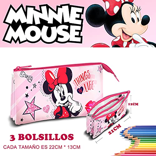 SKYLINE Estuche Escolar, Minnie Mouse, Estuche Tres Compartimentos, 21X12cm, Gran Capacidad, Portatodo, Vuelta al Cole, Ideal para Guardar Material Escolar