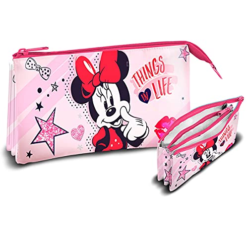 SKYLINE Estuche Escolar, Minnie Mouse, Estuche Tres Compartimentos, 21X12cm, Gran Capacidad, Portatodo, Vuelta al Cole, Ideal para Guardar Material Escolar