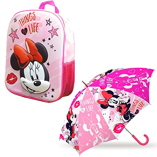 SKYLINE Set Mochila y Paraguas Tradicional, Minnie Mouse, Paraguas Infantil, Mochila Infantil para Niños, Poliéster, Vuelta al Cole, Ideal para Niños