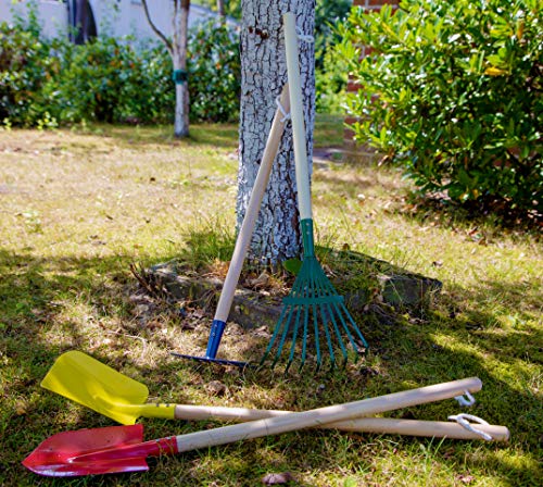 Small Foot 10838 - Juego de Herramientas para jardín, 4 Piezas, Pala y rastrillo, Hecho de Metal con Mango de Madera, Juguete para Jugar al Papel para divertirse en el Aire Fresco