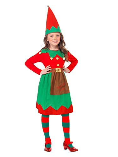 Smiffy'S 39104L Disfraz Infantil De Ayudanta De Papá Noel Con Vestido Y Gorro, Rojo / Verde, L - Edad 10-12 Años