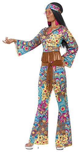 Smiffys-39493S Disfraz de Flower Power hippy, con top, pantalones, banda para el pelo y cinturón, Multicolor, S - EU Tamaño 36-38 (Smiffy's 39493S)