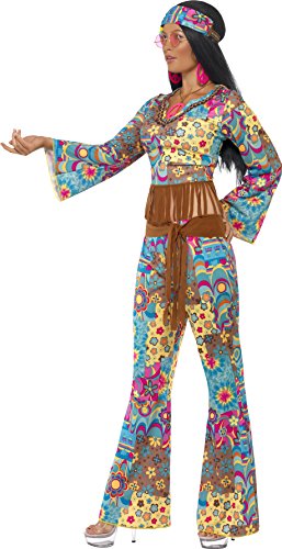 Smiffys-39493S Disfraz de Flower Power hippy, con top, pantalones, banda para el pelo y cinturón, Multicolor, S - EU Tamaño 36-38 (Smiffy's 39493S)