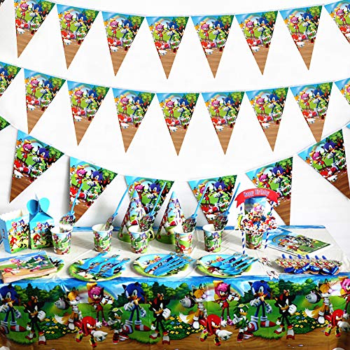 Sonic The Hedgehog Party Supplies Juego de Decoración, FANDE 92 Piezas Suministros de Fiesta Sonic para Cumpleaños de Niños Cartoon Anime Theme Artículos para Fiesta de Cumpleaños