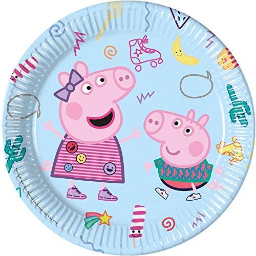 spielum Juego de 54 piezas para fiesta de Peppa Pig – Platos, vasos, servilletas, mantel, bolsas de fiesta, banderines y pajitas para 8 niños