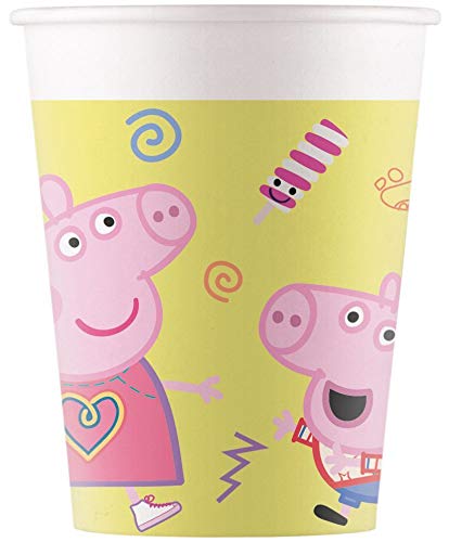 spielum Juego de 54 piezas para fiesta de Peppa Pig – Platos, vasos, servilletas, mantel, bolsas de fiesta, banderines y pajitas para 8 niños