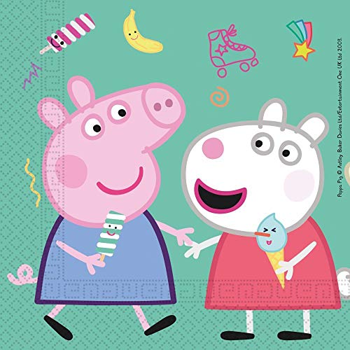 spielum Juego de 54 piezas para fiesta de Peppa Pig – Platos, vasos, servilletas, mantel, bolsas de fiesta, banderines y pajitas para 8 niños