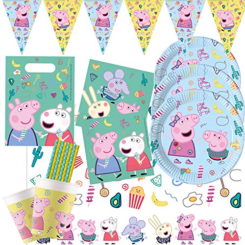 spielum Juego de 54 piezas para fiesta de Peppa Pig – Platos, vasos, servilletas, mantel, bolsas de fiesta, banderines y pajitas para 8 niños