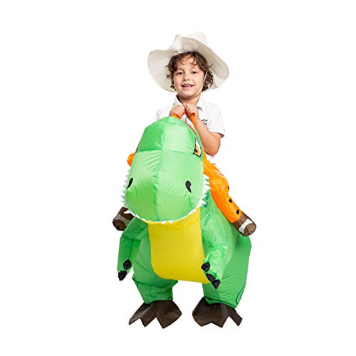 Spooktacular Creations Disfraz Inflable de Dinosaurio Montando un T-Rex Air Blow-up Deluxe Disfraz de Halloween – Niño/Adulto, 4-6 años, Verde, Child/Adult