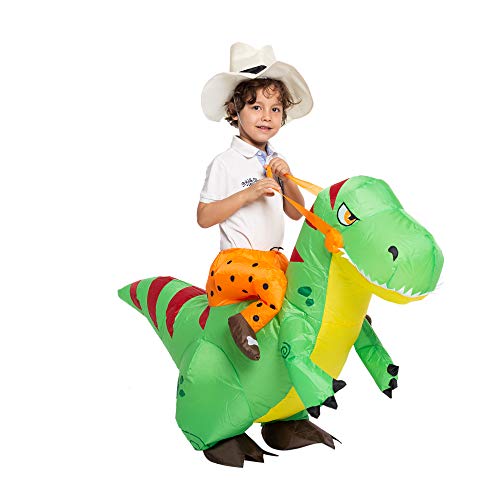 Spooktacular Creations Disfraz Inflable de Dinosaurio Montando un T-Rex Air Blow-up Deluxe Disfraz de Halloween – Niño/Adulto, 4-6 años, Verde, Child/Adult