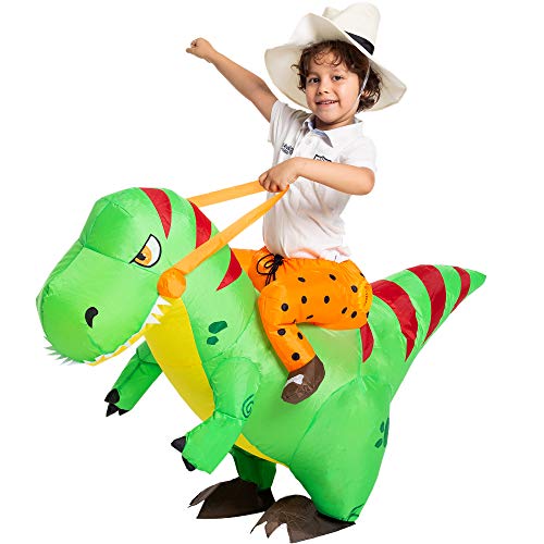 Spooktacular Creations Disfraz Inflable de Dinosaurio Montando un T-Rex Air Blow-up Deluxe Disfraz de Halloween – Niño/Adulto, 4-6 años, Verde, Child/Adult