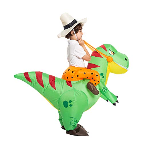 Spooktacular Creations Disfraz Inflable de Dinosaurio Montando un T-Rex Air Blow-up Deluxe Disfraz de Halloween – Niño/Adulto, 4-6 años, Verde, Child/Adult