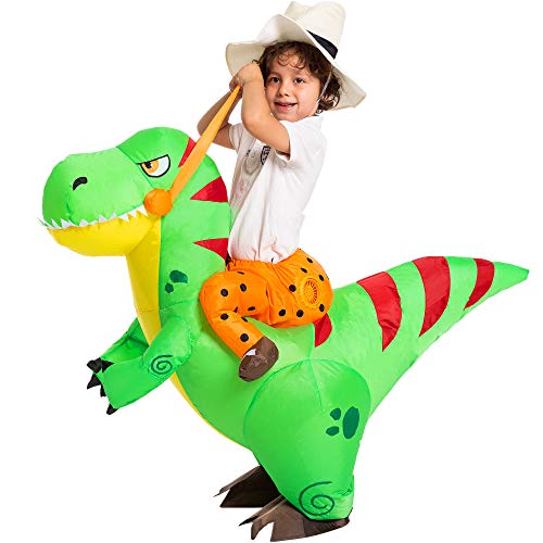 Spooktacular Creations Disfraz Inflable de Dinosaurio Montando un T-Rex Air Blow-up Deluxe Disfraz de Halloween – Niño/Adulto, 4-6 años, Verde, Child/Adult