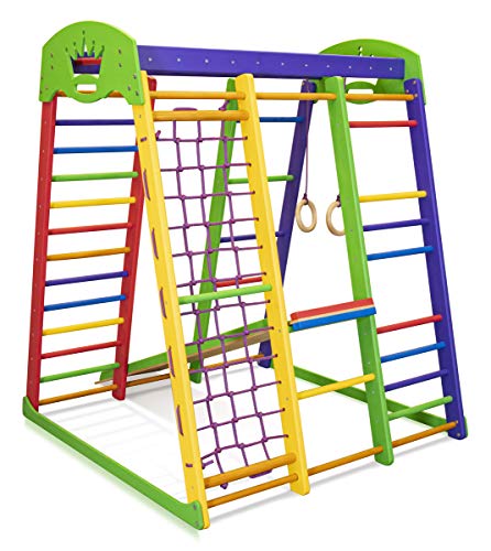 SportBaby Centro de Actividades con tobogán ˝Akvarelka˝, Red de Escalada, Anillos, Escalera Sueco, Campo de Juego Infantil, Juguetes