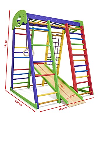 SportBaby Centro de Actividades con tobogán ˝Akvarelka˝, Red de Escalada, Anillos, Escalera Sueco, Campo de Juego Infantil, Juguetes