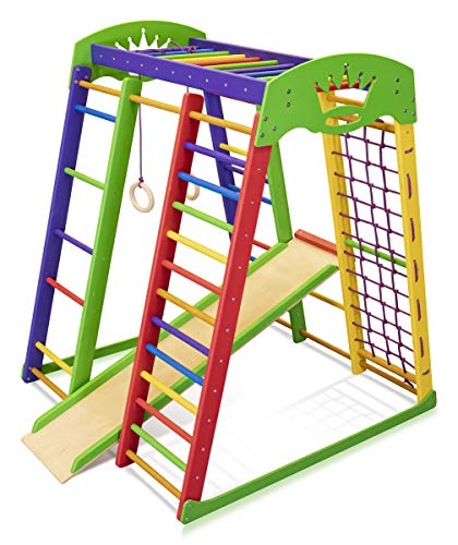 SportBaby Centro de Actividades con tobogán ˝Akvarelka˝, Red de Escalada, Anillos, Escalera Sueco, Campo de Juego Infantil, Juguetes