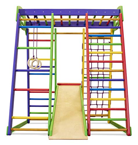 SportBaby Centro de Actividades con tobogán ˝Akvarelka˝, Red de Escalada, Anillos, Escalera Sueco, Campo de Juego Infantil, Juguetes