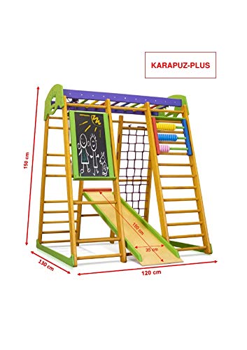 SportBaby Centro de Actividades con tobogán ˝Karapuz-Plus˝, Red de Escalada, Anillos, Escalera Sueco, Campo de Juego Infantil, Juguetes