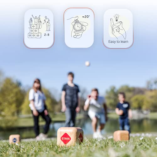 Stakk Juego de Exterior para Niños y Adultos, la Nueva Petanca, a partir de 8 Años / +8 Años, 100% Madera, 9 Dados, 2-8 Jugadores, Fabricado en Alemania, Juego para Playa y Jardín