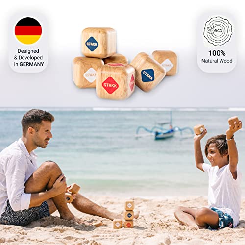 Stakk Juego de Exterior para Niños y Adultos, la Nueva Petanca, a partir de 8 Años / +8 Años, 100% Madera, 9 Dados, 2-8 Jugadores, Fabricado en Alemania, Juego para Playa y Jardín