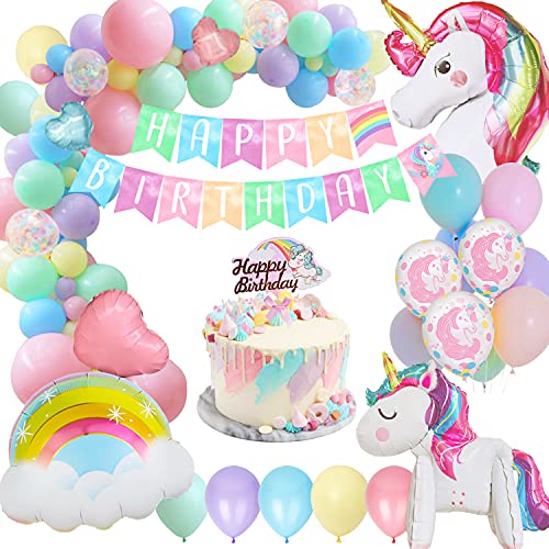 Sumtoco Globos de Cumpleaños Unicornio Niña, Guirnalda Globos Pancarta de Feliz Cumpleaños y Arcoíris de Aluminio para Niños Fiesta de Cumpleaños Baby Shower Decoración