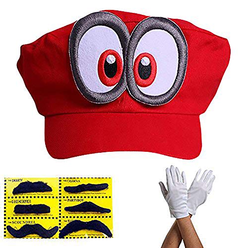 Super Mario Gorra Odyssey - Conjunto de 1x Guantes y 6X Barba pegajosa Costume para Adultos y niños Carnaval y el Cosplay - Ojos