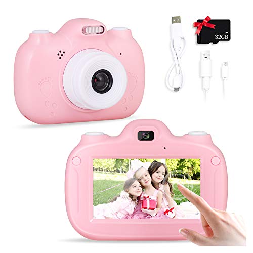 SWEET CARROT Cámara para niños, cámara digital selfie para niños, 3,0 pulgadas IPS HD 28 MP 1080P Dual Lens Pantalla táctil integrada 32 GB TF tarjeta de regalo de cumpleaños para niños