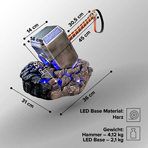 Swords and more Martillo Thor con base LED, acero inoxidable con base LED de resina, Ragnarok, Marvel, 4,12 kg y 45 cm de largo, accesorio de disfraz para fans, coleccionistas y adultos