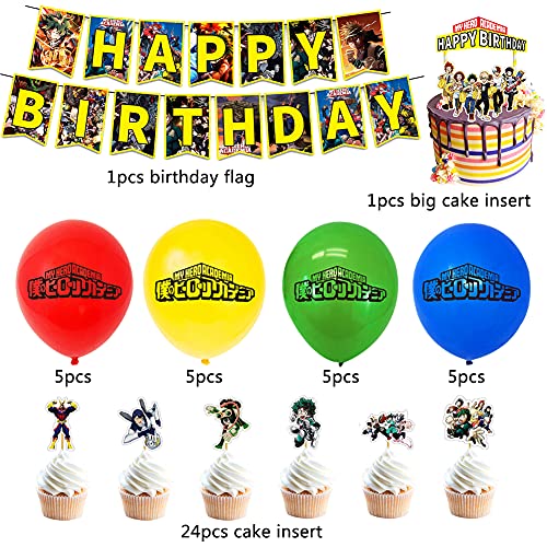 SZWL Globos Cumpleaños Decoracion My Hero Academia Globos De Látex Cake Toppers Pancarta Feliz Cumpleaños Fiesta Globos Bandera Cupcake Topper Niño,48 Piezas