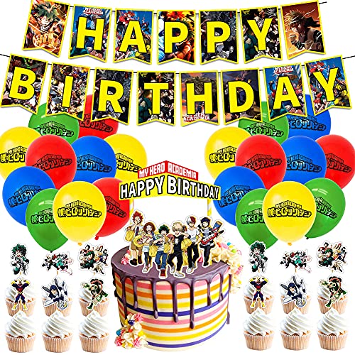 SZWL Globos Cumpleaños Decoracion My Hero Academia Globos De Látex Cake Toppers Pancarta Feliz Cumpleaños Fiesta Globos Bandera Cupcake Topper Niño,48 Piezas