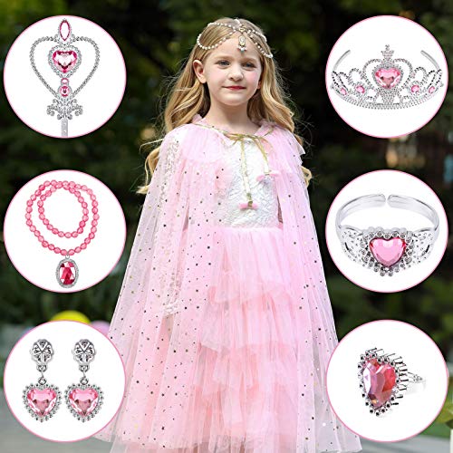 Tacobear Capa Disfraz de Princesa Vestido Accesorios con Corona Varita Mágica Collar Pulsera Anillo Pendientes Halloween Carnaval Cumpleaños Fiesta Princesa Disfraces para Niñas (Rosa)