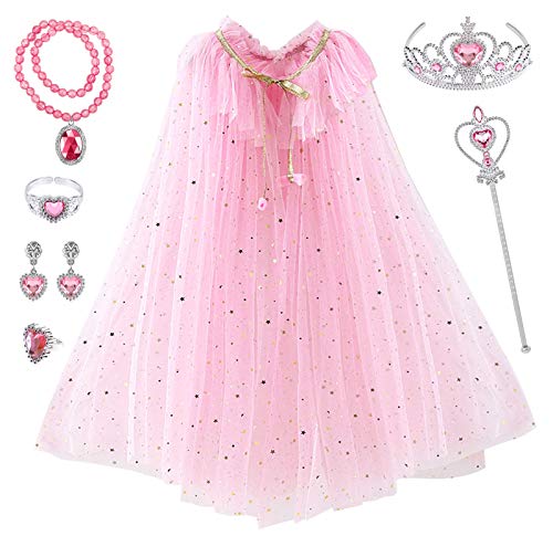 Tacobear Capa Disfraz de Princesa Vestido Accesorios con Corona Varita Mágica Collar Pulsera Anillo Pendientes Halloween Carnaval Cumpleaños Fiesta Princesa Disfraces para Niñas (Rosa)