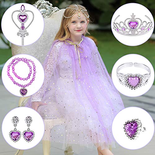 Tacobear Capa Disfraz de Princesa Vestido Accesorios con Corona Varita Mágica Collar Pulsera Anillo Pendientes Halloween Carnaval Cumpleaños Fiesta Princesa Disfraces para Niñas (Morado)