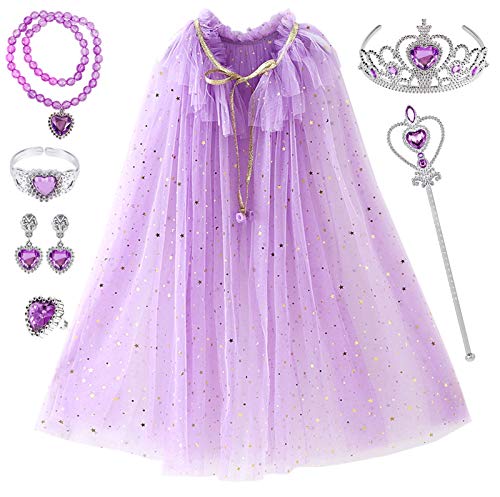 Tacobear Capa Disfraz de Princesa Vestido Accesorios con Corona Varita Mágica Collar Pulsera Anillo Pendientes Halloween Carnaval Cumpleaños Fiesta Princesa Disfraces para Niñas (Morado)