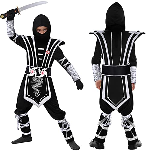 Tacobear Disfraz de Ninja para Niños Negro Plateado Disfraz de Calavera Ninja Disfraz de Kung Fu Disfraz de Halloween para Niños Disfraz de Cosplay Regalo de Halloween para Niños (L(8-10 años))