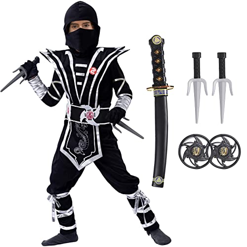 Tacobear Disfraz de Ninja para Niños Negro Plateado Disfraz de Calavera Ninja Disfraz de Kung Fu Disfraz de Halloween para Niños Disfraz de Cosplay Regalo de Halloween para Niños (L(8-10 años))