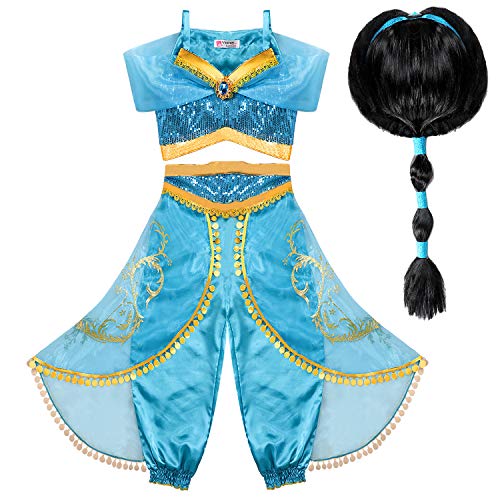 Tacobear Disfraz Jasmine Niña con Peluca Princesa Jasmine Vestido Traje Princesa Jasmine para Halloween Cosplay Fiesta Carnaval (6-7 años)