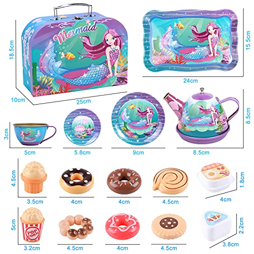 Tacobear Juego de té Infantil Juego de té Juguete con Postre Juguete Estuche de Transporte Estaño Tetera Sirena Juguete de té Juegos de imitación Sirena Juguete Regalo para Niñas 3 4 5 6 7 8 9 años