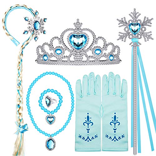 Tacobear Princesa Frozen Elsa Disfraz Accesorios Elsa Peluca Trenza Princesa Collar Corona Guantes Mágica Pulsera Princesa Frozen Joyas para Niñas Carnaval Halloween Fiesta