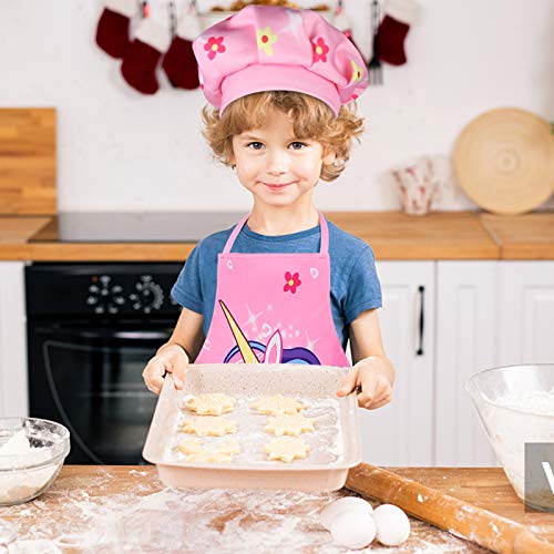 Tacobear Unicornio Juego de Delantales con Gorro de Chef para Niños Delantal y Gorro de Cocinero Disfraz de Chef Ajustable para Niños y Niñas Hornear, Pintar, Jardinería